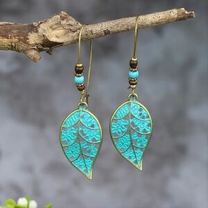 Retro bronze teal leaf dangle earrings